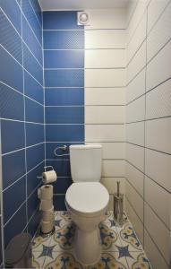 a bathroom with a toilet with blue and white tiles at Comfortable Apartament on the Boulevard for 4 people in Budapest