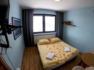 niewielka sypialnia z łóżkiem i oknem w obiekcie Fazolandia w Zwardoniu