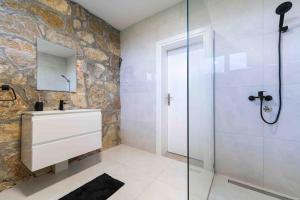 ein Bad mit einem Waschbecken und einer Glasdusche in der Unterkunft Rijeka Zeta, Podgorica in Podgorica