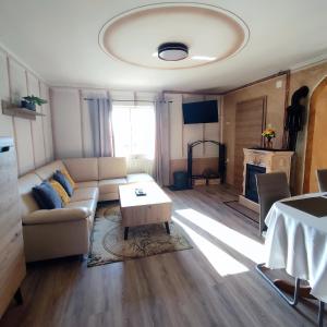 - un salon avec un canapé et une table dans l'établissement Guesthouse and Wellness VINEA, à Spodnji Ivanjci