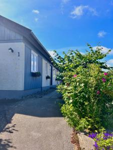 Ein Gebäude mit einem Blumenstrauß davor. in der Unterkunft Apartamenty Nexo in Neksø