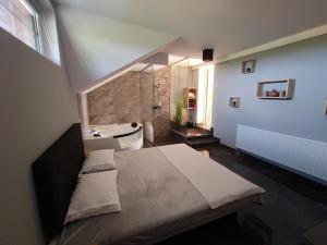 1 dormitorio con 1 cama grande y baño en Guesthouse and Wellness VINEA, en Spodnji Ivanjci