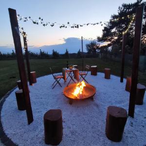 una hoguera con mesa y sillas en un campo en Guesthouse and Wellness VINEA en Spodnji Ivanjci