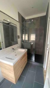 a bathroom with a sink and a mirror at Appartement Dol de Bretagne centre in Dol-de-Bretagne