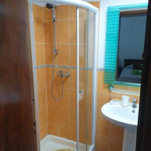 a bathroom with a shower and a sink at Atlantico Praia in Praia