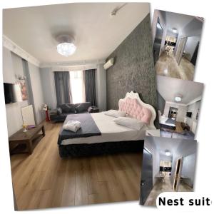 イスタンブールにあるNest HOTEL Sisliのベッドルーム1室(ベッド1台付)、リビングルームが備わります。