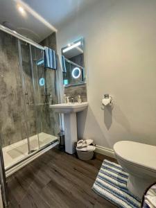 een badkamer met een douche, een wastafel en een toilet bij Ellerton Lodge Bed and Breakfast Swaledale in Richmond