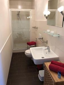 a bathroom with a white sink and a toilet at Hof Boyens - Moderne Appartements in Ostseenähe! in Mönchneversdorf
