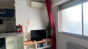 Μια τηλεόραση ή/και κέντρο ψυχαγωγίας στο Azur, studio classé, climatisé, wifi, ascenseur, à 75 m de la plage