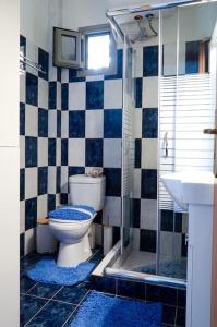 un bagno bianco e blu con servizi igienici e lavandino di Maria’s Sunset House a Megalochori (Isola di Agistri)
