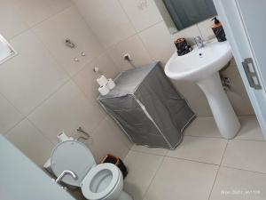 Grand Apartments Strumica في ستروميكا: حمام صغير مع حوض ومرحاض ومغسلة