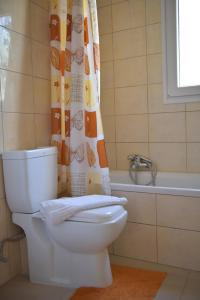 een badkamer met een toilet en een douchegordijn bij Apartment Sofia - Beachfront in Agios Spyridon Corfu