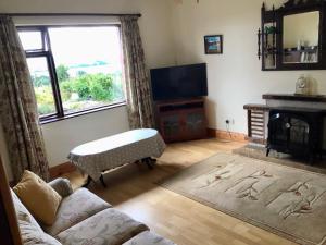 uma sala de estar com um sofá e uma lareira em Swilly View House em Ramelton