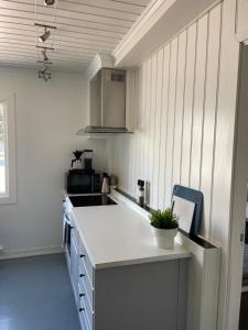 W pokoju znajduje się kuchnia z białym blatem. w obiekcie Sentral leilighet i Kristiansand w mieście Kristiansand