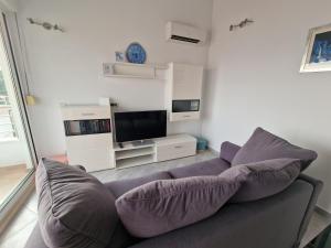 uma sala de estar com um sofá e uma televisão de ecrã plano em Apartment NiNa em Baska Voda