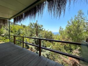 a wooden porch with a view of the forest at Honey Hill Faralya Forest Cabins by the Sea in Faralya