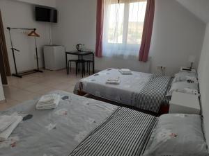 a bedroom with two beds and a television in it at Pensiunea Transilvania in Odorheiu Secuiesc