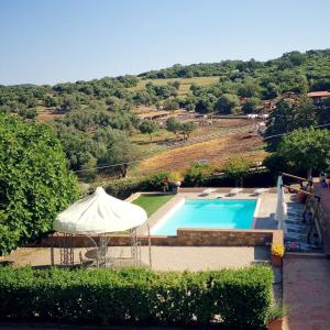 a white umbrella and a swimming pool with a hill at Fattoria Tolomei in Campagnatico