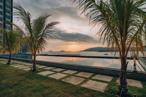 a group of palm trees next to a swimming pool at K'S11 JQ Homestay Jesselton Quay Citypads Kota Kinabalu in Kota Kinabalu