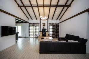 a living room with a black couch and a tv at Casa Arcadia Buzau Monteoru in Buzău