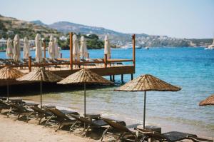 a group of chairs and umbrellas on a beach at Lavinya Otel in Golturkbuku
