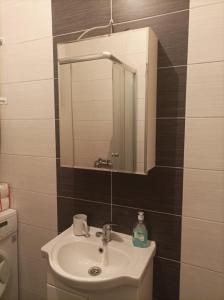 een badkamer met een wastafel en een spiegel bij Maria's Place in Bitola