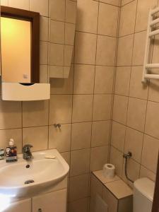 a bathroom with a sink and a toilet and a mirror at Międzyzdroje, widok na Bałtyk, świetna lokalizacja in Międzyzdroje +6 photos