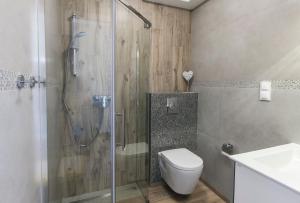 a bathroom with a shower and a toilet and a sink at Ośrodek Wczasowy KALA in Pobierowo
