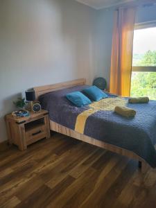 a bedroom with a bed and a table and a window at Apartament Perełka in Jelenia Góra