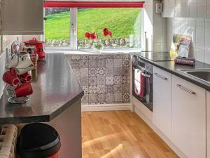 a kitchen with a counter with a sink and a window at Balnowlart Lodge in Ballantrae