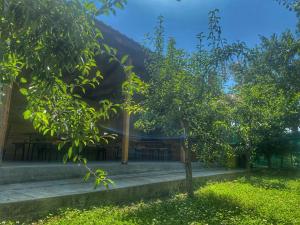 a building with a table and trees in front of it at Raven Comstar in Corbu