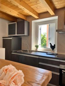 a kitchen with a black cat sitting on a window sill at Residenza Orchidee in Costermano