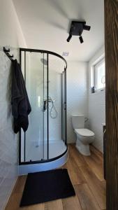 een badkamer met een douche en een toilet bij Letnisko Stróżówka 