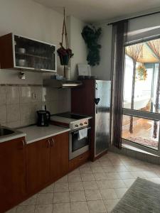a kitchen with a stove top oven next to a window at Apartment Sofia with terrace & parking in Bratislava