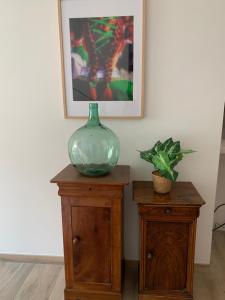 un vase en verre vert assis au-dessus d'une table en bois dans l'établissement Apartamentos De Montaña Mendiola - Casa Ferran-Casa Karrikaburu, à Valcarlos