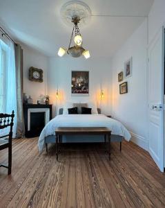1 dormitorio con cama y lámpara de araña en Chez La Vieille Dame, en Cosne-Cours-sur-Loire