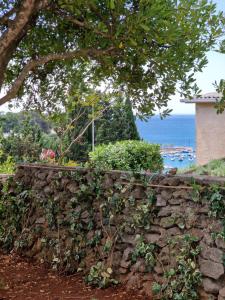 a stone wall with a tree and the ocean in the background at Villa Porta Krk in Krk