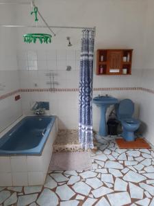 La salle de bains est pourvue d'une baignoire bleue et de toilettes. dans l'établissement Thekwane Holiday House, à Klipdrift