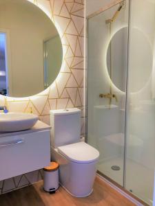 a bathroom with a toilet and a sink and a mirror at Apartamento Veneza Portuguesa - Coração de Aveiro in Aveiro