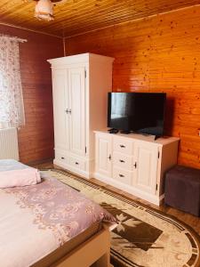 a bedroom with a flat screen tv on a white cabinet at Pensiunea Alexolar in Mătişeşti