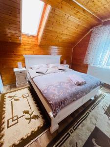 1 dormitorio con 1 cama en una habitación de madera en Pensiunea Alexolar en Mătişeşti