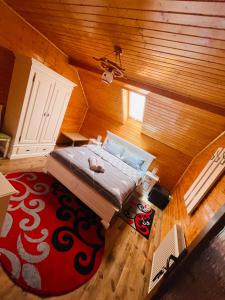 vistas a un dormitorio con cama y alfombra roja en Pensiunea Alexolar en Mătişeşti