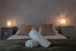 łóżko z pluszakiem na górze w obiekcie Le Dejoux - Appartement avec terrasse en centre ville w mieście Vichy