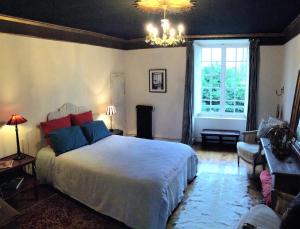 a bedroom with a large bed and a chandelier at La grand' maison in Vorly