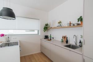 kuchnia z białymi szafkami i zlewem w obiekcie Apartments Marinka Litomyšl w mieście Litomyšl