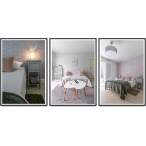 cztery zdjęcia sypialni z łóżkiem i stołem w obiekcie Le Dejoux - Appartement avec terrasse en centre ville w mieście Vichy