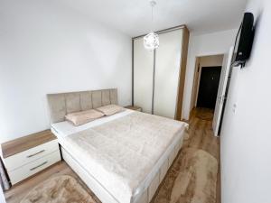 um quarto com uma cama e uma televisão em Happy Home em Ulcinj