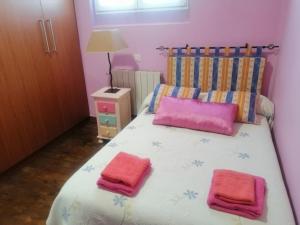 1 dormitorio con 1 cama con 2 almohadas rosas en La Casa de Colores, en Sariego