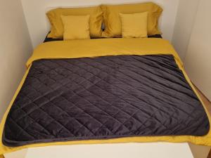 皮蘭的住宿－Melody of Piran，一张带黑色棉被和黄色床单的床