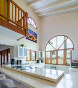 una gran cocina con una gran isla central y una gran ventana en Bubali Villa, en Palm-Eagle Beach